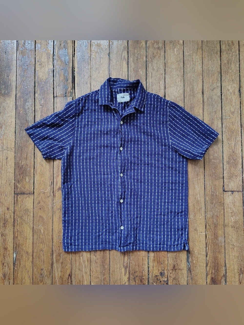 Folk Gabe Woven Shirt Mens Large Short Sleeve Cotton Linen Navy Blue Striped